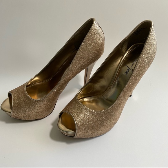 Gold Glittery Stiletto Jacqueline Ferrar Open Toe Heels Sz 7 - Picture 8 of 10